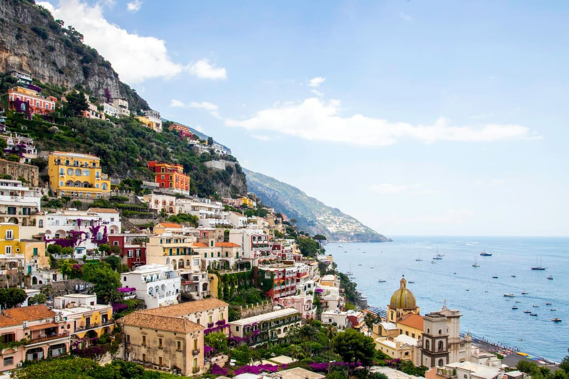 Pastel houses of Positano stacked above the sea on the Amalfi Coast